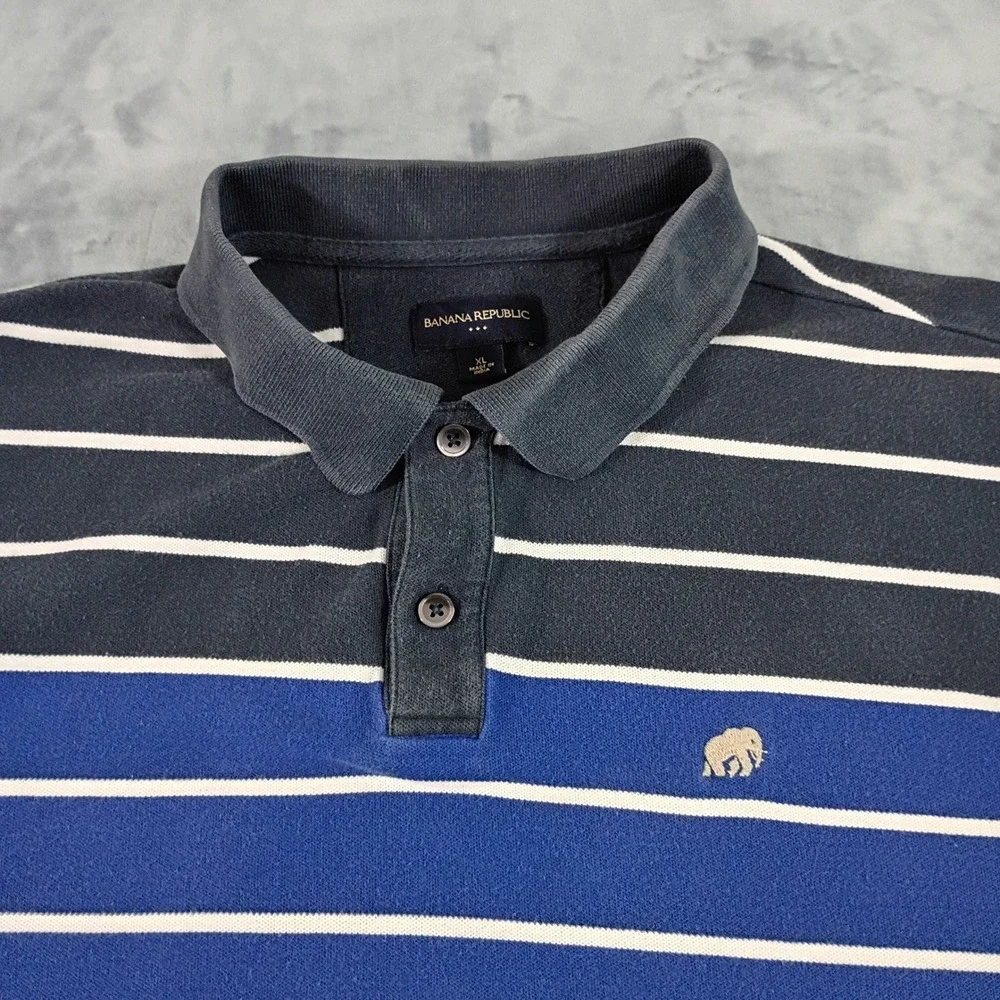 Banana Republic Mens XL Blue Striped Pique Polo Shirt Elephant Logo Short Sleeve